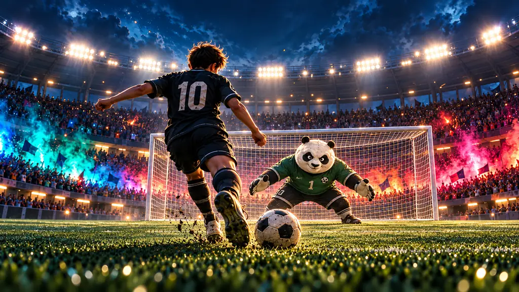 Niño con la camiseta 10 a punto de patear un penal frente a un panda arquero, en un estadio lleno con bengalas de colores — PANDASPORTS